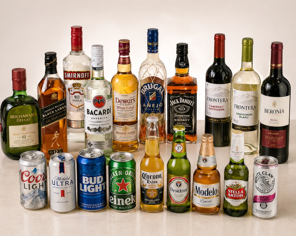 Licores y vinos: whisky, ron, vodka, vinos y cervezas